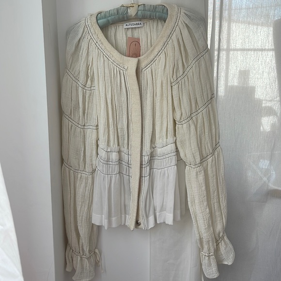 Altuzarra Bone Linen distressed billowy sleeve button up jacket blouse - Picture 5 of 12